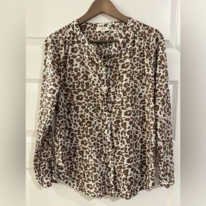Loft Leopard Print Shirt Mandarin Collar White Brown Size S